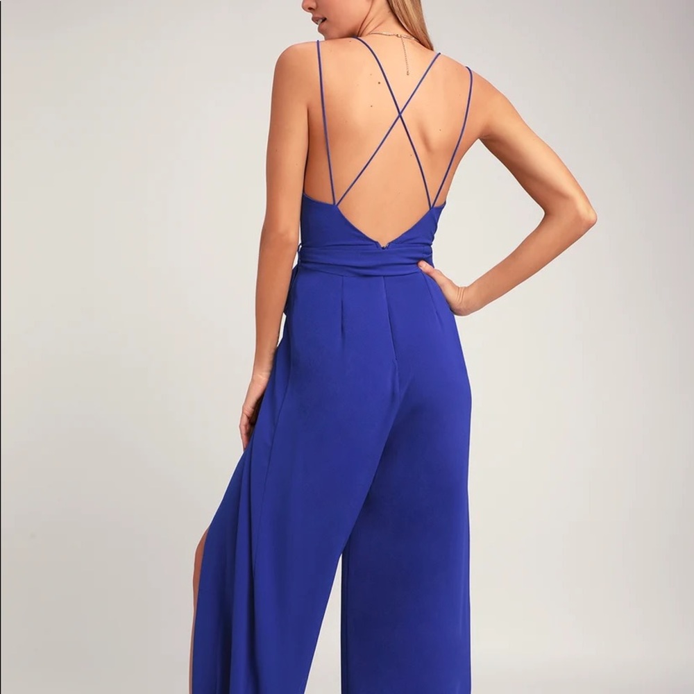Lulus Hype Dream Cobalt Backless Wide-Leg Jumpsuit